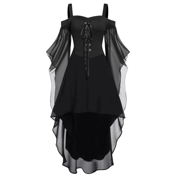 Robe sorcière gothique noire femme avec bustier rouge ou noir et manches papillon