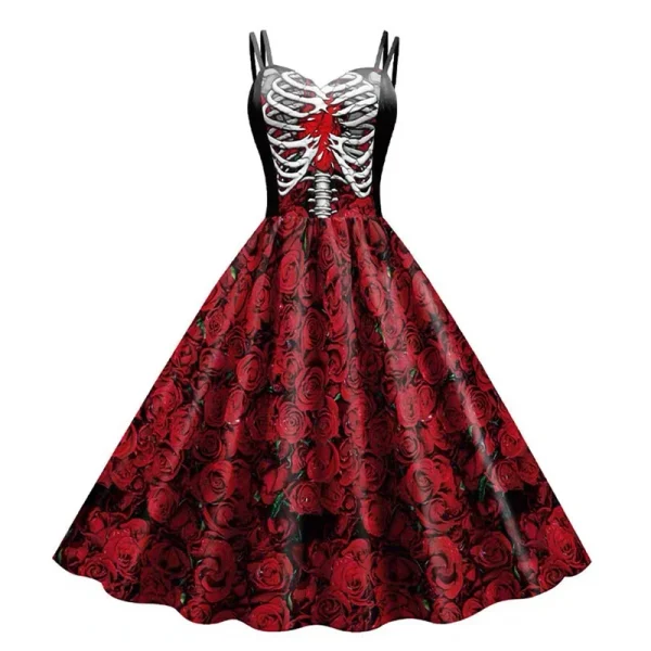 Robe gothique squelette rouge et noire avec motifs roses